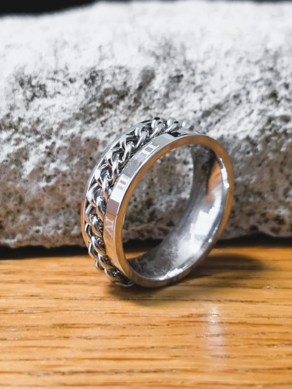 NEW! Stainless Steel Spinner Ring w/Braided Chain Fidget Band & Roman Numerals